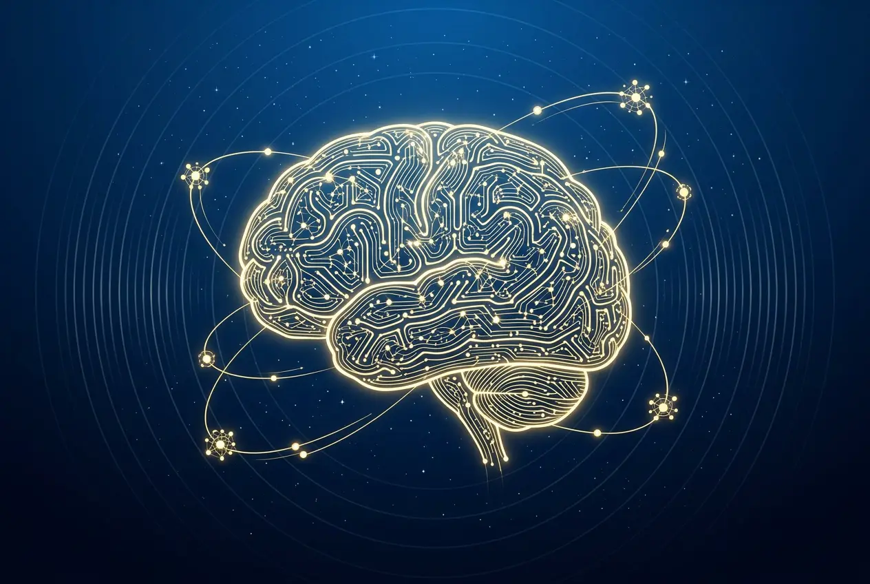 A glowing gold brain made of circuit lines, with small agent nodes orbiting it on a deep blue field
